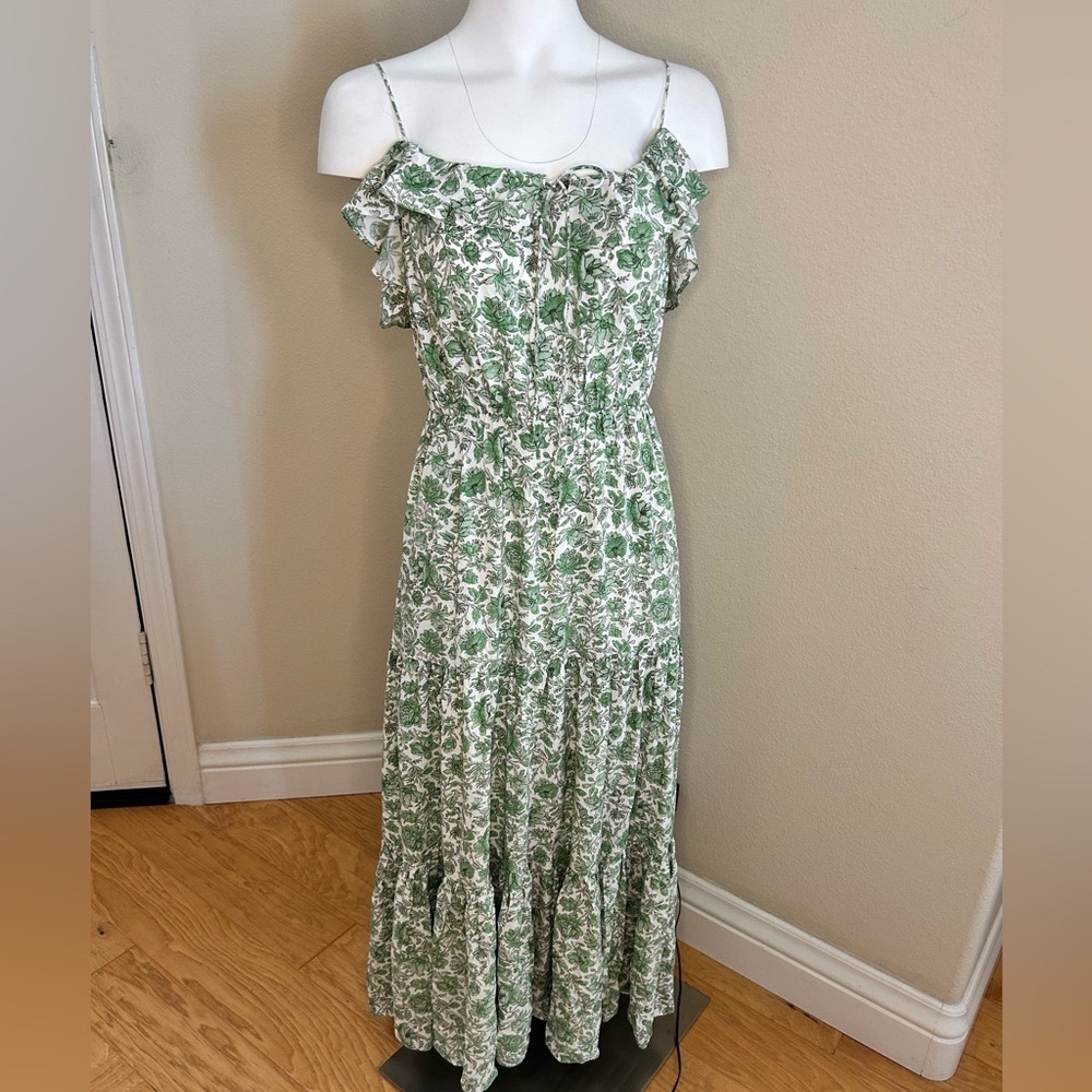J. Crew NWT Tiered Maxi Dress in Tossed Floral Green Spaghetti Straps Pockets - Picture 2 of 10